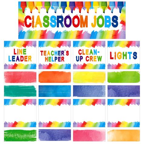 PRICES MAY VARY. 【Rainbow Class Jobs Chart Set for Classroom Decorations】: The class jobs bulletin board sets comes with 1 classroom jobs banner card,4pcs prefilled job cards,5pcs blank cards and 12pcs blank name tag,30pcs glue point dots.The quantity is enough to meet your classroom demand and brighten up the classroom bulletin board,very suitable for preschool kindergarten classroom decorations. 【Suitable Size】: The class jobs for classroom banner card measures 19.7" x 6.7", the work division Kindergarten Classroom Themes, Wall Bulletin Board, Classroom Job Chart, Classroom Job, Job Cards, Classroom Banner, Kindergarten Classroom Decor, Teacher Classroom Decorations, Class Jobs