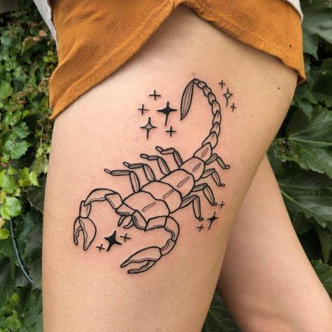 Outline scorpion tattoo inked on the left thigh Scorpion Tattoo Feminine, Infected Tattoo, Font Tato, Tato Tradisional, Scorpio Tattoo, Scorpion Tattoo, Zodiac Tattoos, Constellation Tattoos, Thigh Tattoos Women