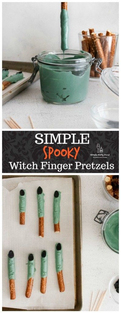 4 ingredients is all it takes to make some spooky looking edible witch finger pretzels. Great activity for little kids! #halloween #halloweenfood #partyfood #halloweencrafts Finger Pretzels, Simple Party Food, Kitchen Vibes, Witches Fingers, Black Food Coloring, Salty Treats, Pretzel Rods, Easy Party Food, Black Food