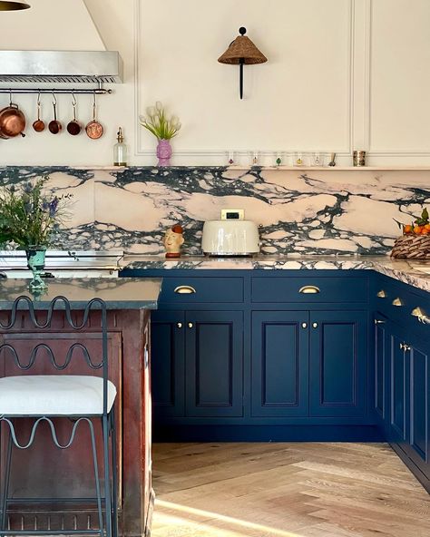 Finally, finally, FINALLY have the kitchen REVEAL blog up and live on the blog!! I hope I answered a lot of your questions in this kitchen… | Instagram White Oak Herringbone, Blue Kitchen Cabinet Ideas, Blue Kitchen Cabinet, Blue Kitchen Ideas, Ceiling Wood, Herringbone Flooring, Blue Kitchen Cabinets, Victorian Kitchen, Kitchen Cabinet Ideas