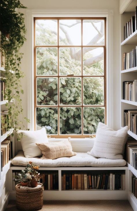 Bookshelves Window Seat, Bay Window Ideas Plants, Bay Window Bookshelf, Bookshelf Window Wall, Bookshelf Above Window, Nook Window Ideas, Book Window Seat, Built In Book Nook, Plant And Book Room Aesthetic