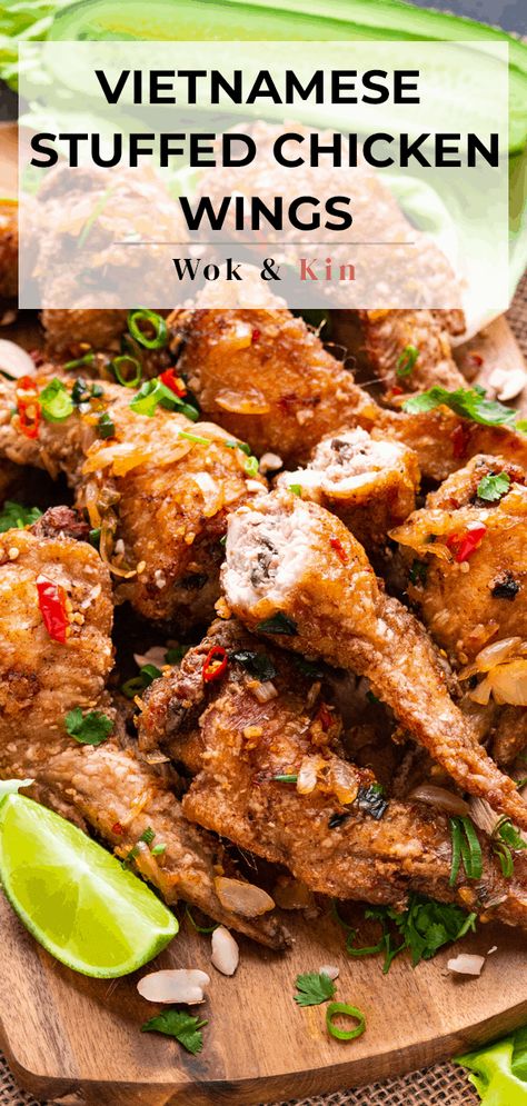 These Vietnamese Stuffed Chicken Wings are the perfect kind of finger food. The crispy wings are coated in a spicy, sweet and savoury sauce and stuffed with a juicy filling, making them super fun to eat! #stuffedchickenwings #vietnamesefood #vietnameseappetisers #vietnamesestuffedchickenwings Stuffed Chicken Wings, Homemade Chicken Wings, Roasted Duck Recipes, Asian Appetizers, Crispy Wings, Design Café, Duck Recipes, Vietnamese Food, Stuffed Chicken