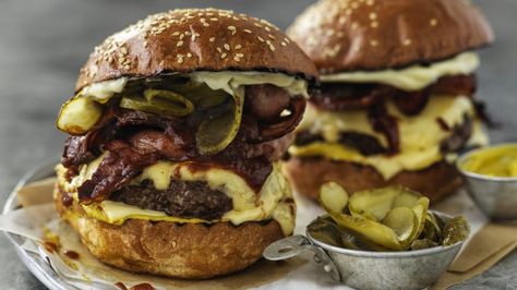 Neil Perry's American cheese and bacon burger Recipe | Good Food Brie Burger, Bacon And Brie, Best Cheeseburger Recipe, Cheddar Burger, Best Burger Recipe, Cheeseburger Recipe, Bacon Burger, Grilled Burgers, Hamburger Recipes