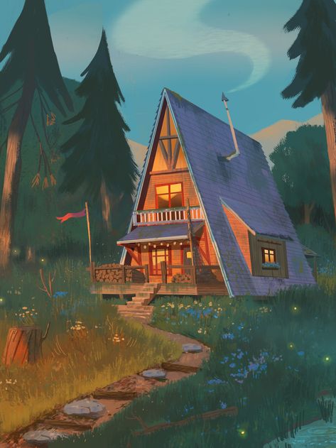 ArtStation - lil A-frame in the woods, Bonnie Branson Camping Illustration, Wood Illustration, Winter Cabin, House Illustration, A Frame Cabin, A Cabin, A Frame House, House Drawing, Cabin In The Woods