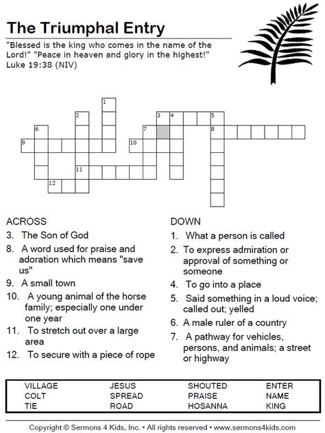 Palm Sunday - Crossword Puzzle Palm Sunday Word Search, Palm Sunday Activity Sheets, Sunday School Palm Sunday, Palm Sunday Lesson, Sunday School Crossword, Palm Sunday Activities, Palm Sunday Crafts, Sunday School Projects, Easter Sunday School