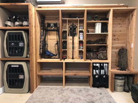 Hunting Gear Storage Dog Gear Storage, Hunting Gear Closet, Hunting Gear Storage, Hunting Garage, Hunting Room Design, Hunting Room Decor, Hunting Storage, Outdoor Gear Storage, Hunting Man Cave