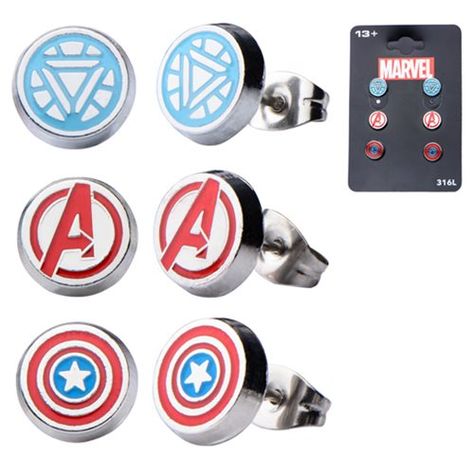 Avengers Stainless Steel Round Ear Stud Earrings 3-Pack Marvel Earrings, Captain America Logo, Iron Man Arc Reactor, Marvel Jewelry, Earring Pack, Avengers Captain America, Avengers Logo, Marvel Clothes, Attitude Clothing