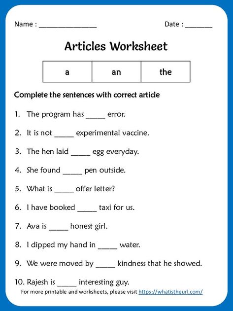 Using a, an and the is one of the complex things for the kids.  In the 3rd grade, the students really need to understand the difference so they can use it correctly to form sentences.Please download the PDF Articles (a, an and the) Worksheet for grade 3 -Exercise 3 Creative Writing For Kids, Articles Worksheet, English Grammar For Kids, Worksheets For Grade 3, Kindergarten Reading Worksheets, Classroom Anchor Charts, Nouns Worksheet, English Teaching Resources, Grammar Exercises