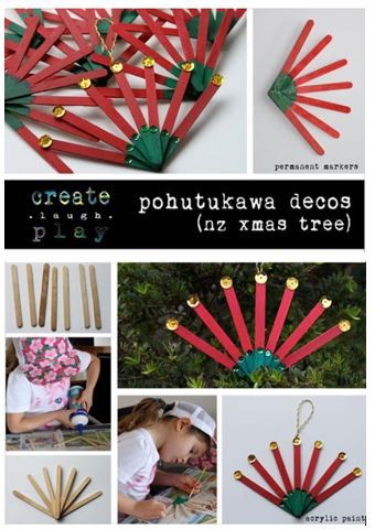 Lovely NZ Pohutukawa Ornament - Popsicle Sticks, Marker Pens, Sequins and Glue Nz Christmas Decorations, Kiwi Christmas Decorations, New Zealand Christmas Decorations, Pohutukawa Art, Kiwiana Christmas, Pohutukawa Flower, Nz Christmas, Pohutukawa Tree, Kiwi Christmas