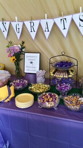 Sweet treats buffet with school colors #purple and gold #graduation food Lsu Graduation Party Ideas, Entertaing Appetizers, Ecu Graduation Party, Purple Grad Party Decorations, Purple Themed Graduation Party, Pvamu Graduation, Purple And Gold Treat Table, Purple Gold Graduation Party Ideas, Lsu Themed Graduation Party