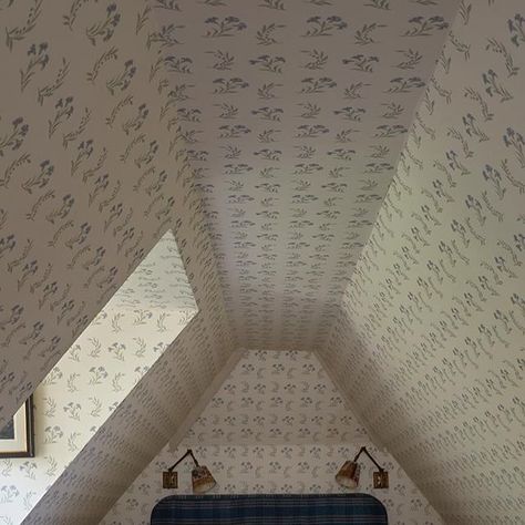 Wallpapered Attic Bedroom, Wallpaper Ceiling Attic, Attic Wallpaper Slanted Ceiling, Wallpaper Dormer Bedroom, Wallpaper On Slanted Ceiling, Attic Room Wallpaper, Wallpaper On Vaulted Ceiling, Slanted Ceiling Wallpaper, Wallpaper Attic Bedroom