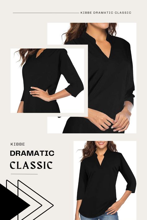 CEASIKERY Women's 3/4 Sleeve V Neck Tops Casual Tunic Blouse Loose Shirt perfect for a kibbe dramatic classic outfit! tailored chic. refined. elegant. geometric. angular. sharp edges. straight lines. balanced. symmetrical. sleek. sculpted. trim and taut. Dramatic Classic Neckline, Soft Dramatic T Shirt, Soft Dramatic Kibbe Shirts, Kibble Dramatic Classic, Dramatic Classic Kibbe Style, Dc Kibbe, Dramatic Classic Kibbe, Kibble Soft Dramatic, Kibbe Dramatic Classic