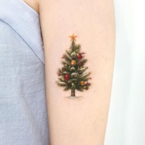 Christmas Tree Tattoo, Christmas Tattoos, Tree Tattoo Small, Pine Tree Tattoo, Christmas Tattoo, Light Tattoo, Back Of Shoulder Tattoo, Funny Tattoos, Vintage Tattoo