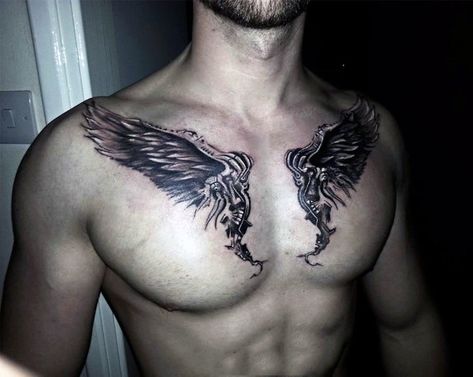 The Best Collar Bone Tattoos for Men Chest Tattoo Angel, Angel Wings Chest Tattoo, Chest Tattoo Wings, Collar Bone Tattoo For Men, Wing Tattoo Men, Clavicle Tattoo, Small Chest Tattoos, Wing Tattoo Designs, Bone Tattoos