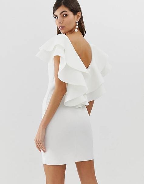 ASOS DESIGN open back mini dress with double ruffle Ruffle Trend, Open Back Mini Dress, Tie Waist Maxi Dress, Wrap Shirt Dress, Salsa Dress, Girls In Mini Skirts, Midi Pencil Dress, Ruffles Fashion, Asos Curve