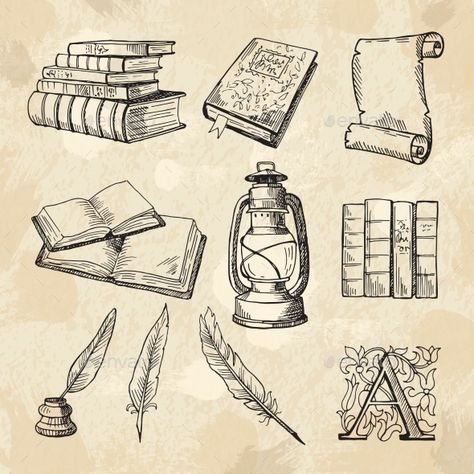 Literature concept pictures. Vintage hand drawings books and different tools for writers. Literature book sketch, hand drawing literary and feather pen with inkwell. Vector illustration Book And Quill Drawing, Vintage Drawing Design, Books Design Drawing, Book Pen Drawing, Drawings With Writing, Vintage Pen Drawing, Book Related Drawings, Writing Drawing Art, Old Things Drawing