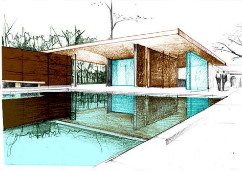 The Barcelona Pavilion, Barcelona Pavilion Sketch, Barcelona Pavilion, Casa Interior, Perspective Sketch, Arch Design, Mies Van Der Rohe, Pencil Art Drawings, Design Studio