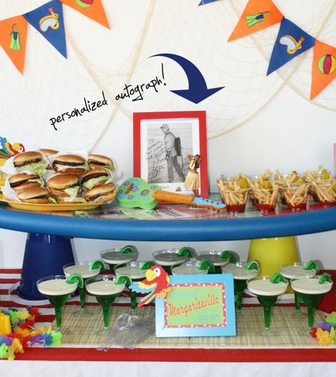 {A Pirate Looks at 30} Jimmy Buffett Themed Surprise Party Jimmy Buffet Themed Birthday Party, A Pirate Looks At 40 Party, Pirate Looks At 40 Party, Jimmy Buffet Party Ideas, Jimmy Buffet Party, Burger Buffet, Parrothead Party, Hamburger Bar, Buffet Theme