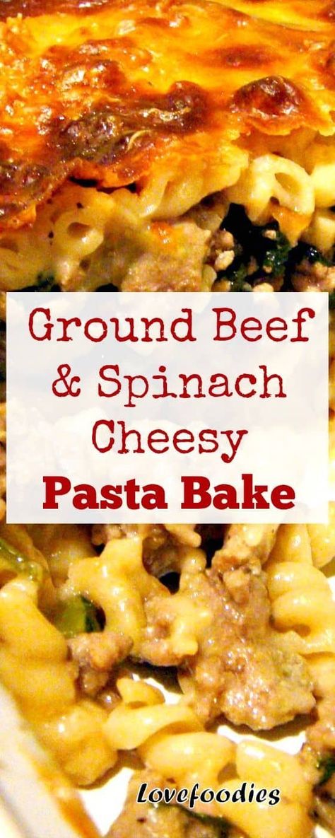 Ground Beef and Spinach Cheesy Pasta Bake. Easy to make and very tasty! Freezer Friendly too. Pasta Bake Ground Beef, Ground Beef Spinach, Ground Beef And Spinach, Bake Pasta, Beef Zucchini, Spinach Pasta Bake, Cheesy Pasta Bake, Pasta Bake Easy, Pasta Homemade