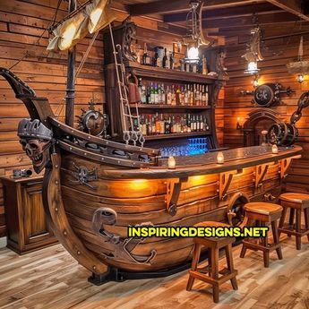 These Pirate Ship Home Bars Will Anchor Your Next Party with Style – Inspiring Designs Island Bars, Wooden Bar Top, Nautical Bar, Cabin Windows, Pirate Room, Pool Essentials, Pirate Decor, Kitchen Island Bar, Ship Decor