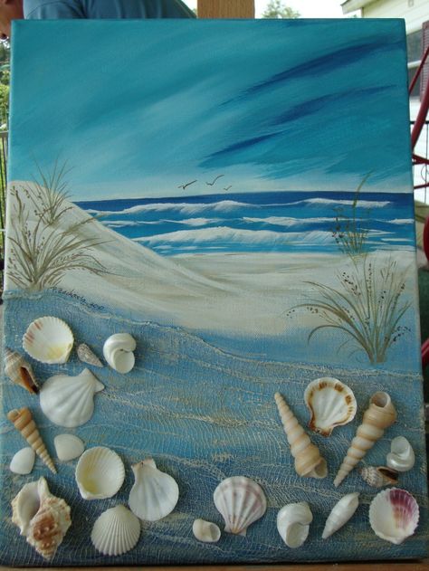 Paintings With Seashells, Canvas Painting 3d, Beach Painting With Shells, Painting With Shells On Canvas, Sea Shell Painting On Canvas, Acrylic Drawing Ideas, Painting With Shells, Shell Canvas Art, Deco Theme Marin