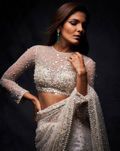 Crystal Pearl Sari with Full Sleeve Blouse | Seema Gujral Pearl Saree, Full Sleeves Blouse Designs, Seema Gujral, Full Sleeve Blouse, Lehenga Blouse Designs, Wedding Blouse Designs, White Saree, Wedding Blouse, Unique Blouse Designs