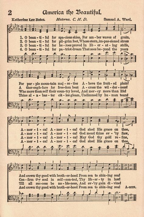 FREE printable vintage sheet music of America the Beautiful! Perfect for Memorial Day and 4th of July masses and church services. #AmericatheBeautiful #vintagehymn #printablesheetmusic Fourth Of July Friends, Patriotic Printables, Free Printable Sheet Music, Faith Of Our Fathers, Sheet Music Crafts, Hymn Sheet Music, Patriotic Diy, Hymns Lyrics, Vintage Patriotic