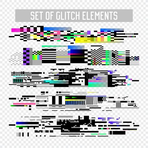 Glitch Effect Elements Set. TV Distortion, Digital Noise Abstract Design, Decay Signal, Screen Pixel illustration Glitch Effect Drawing, Noise Illustration, Pixel Effect, Pixel Illustration, Typo Poster, Glitch Effect, Internet Art, Rain Wallpapers, Graphisches Design