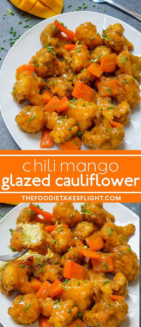 Mango Glaze, Resep Vegan, Yummy Food Recipes, Cauliflower Vegan, Crispy Cauliflower, Chili Mango, Vegan Cauliflower, Vegan Chili, Mango Recipes