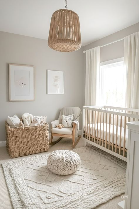 Elegant nursery design with neutral tones. Cozy baby room featuring mixed wood furniture, beige accents, and a plush rug. Ideal for gender-neutral themes. Gender Nursery Neutral Baby Rooms, Elegant Baby Nursery, Baby Room Ideas Neutral, Nursery Ideas Gender Neutral, Gender Neutral Nursery Ideas, Neutral Nursery Ideas, White Rocking Chairs, Cozy Baby Room, Gender Neutral Baby Nursery