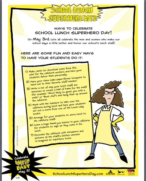 Download a handy dandy PDF for School Lunch Superhero Day! Activities, cards and celebration tips for May 3rd! http://www.schoollunchsuperheroday.com/slshdactivityguide.pdf School Lunch Hero Day, Cafeteria Lunch, Superhero Day, High School Class Reunion, School Nutrition, Pta School, National Day Calendar, School Culture, School Cafeteria