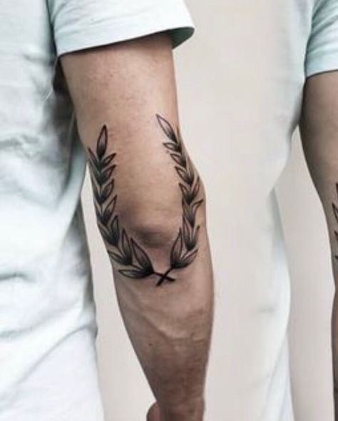 Laurel Wreath Tattoo Elbow, Olive Branch Tattoo Mens, Greek Leaves Tattoo, Laurel Tattoo, Olive Tattoo, Traditional Eagle Tattoo, Bicep Tattoo Men, Half Sleeve Tattoos Drawings, Surreal Tattoo