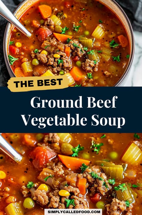 Warm up your soul with this hearty and delicious ground beef vegetable soup, perfect for those cozy days when you crave comfort in a bowl. Packed with nutritious vegetables and savory ground beef, this soup is a satisfying meal that will keep you coming back for more. Ideal for chilly evenings or when you need a wholesome dish to share with family and friends. Easy to make and full of flavor, it's sure to become a favorite in your recipe collection. Enjoy the comforting aroma and taste of this delightful soup as you snuggle up and relax. Ground Beef Vegetable Soup Recipe, Ground Beef Vegetable Soup, Beef Vegetable Soup Recipe, Ground Beef Stew Recipes, Beef Vegetable Soup, Homemade Vegetable Beef Soup, Ground Beef Stews, Easy Vegetable Soup, Vegetable Soup Recipe