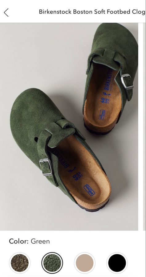 Green Birkenstock Boston, Birkenstock Clogs Green, Green Birkenstock Clogs, Green Birkenstocks, Birkenstock Clogs, Boston Clogs, Trendy Shoes Sneakers, Soft Bed, Shoe Wishlist