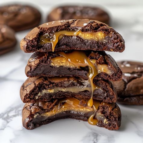 So, brace your taste buds for the heavenly cookie. These Salted Caramel Chocolate Cookies up the ante way more than a simple sweet treat: they are an explosion of flavors waiting to happen. Imagine rich, velvety chocolate dough oozing with caramel pockets and then a […] Cookie Recipes Gourmet, Carmelitas Recipe, Salty Desserts, Chocolate Cookie Recipe, Luxurious Chocolate, Peanut Butter Cup Cookies, Easy Bake, Cookies Easy, Gourmet Cookies