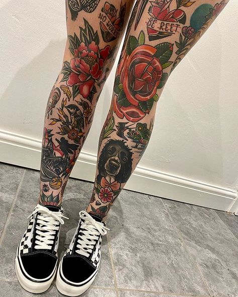 Traditional Shin Tattoo, Dog Flower Tattoo, Shin Tattoos For Women, Shin Tattoo Ideas, Shin Tattoos, The World Tattoo, Traditional Tattoo Woman, Think Tattoo, Artsy Tattoos