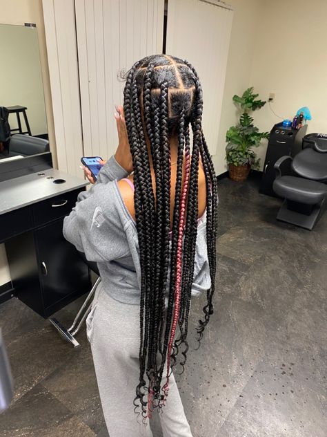 Pink Black Knotless Braids, Pink And Black Knotless With Beads, Pink And Black Singles Braids, Large Pink And Black Knotless, Braided Hairstyles Pink And Black, Large Knotless, Black And Pink, Pink And Black, Black Girls Hairstyles