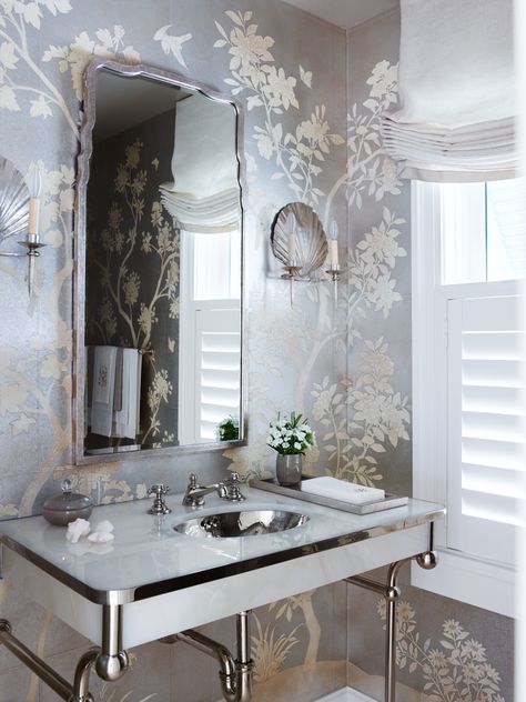 kasler small bathroom veranda Mirror And Sconces, Gracie Wallpaper, Floating Sink, Suzanne Kasler, Bathroom Design Trends, Creative Bathroom, Circular Mirror, Bathroom Suite, Metallic Wallpaper