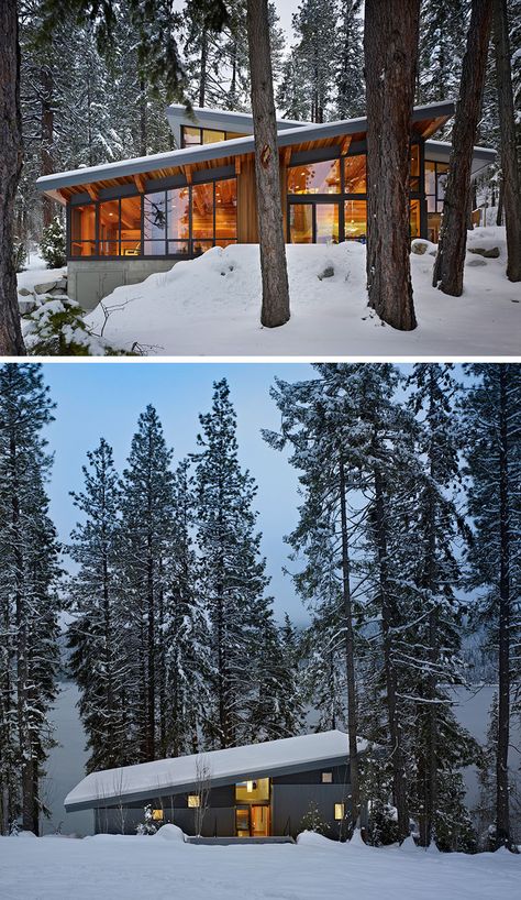 20 Awesome Examples Of Pacific Northwest Architecture // Large windows keep this house feeling connected to the surrounding forest and the rocks surrounding the home provide drainage when the snow melts. Eco House Exterior, Modern Eco Friendly Home, Country House Exterior, House Forest, Pacific Northwest Style, Eco House Design, Trendy House, Modern Mountain Home, Contemporary House Plans