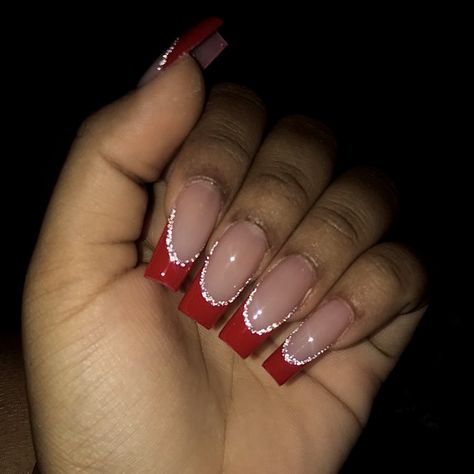 Red French Tips With Glitter, French Tips With Glitter, Red French Tips, Red Tip Nails, Red And Silver Nails, Cute Red Nails, Short Red Nails, Red And White Nails, Prom Nails Red