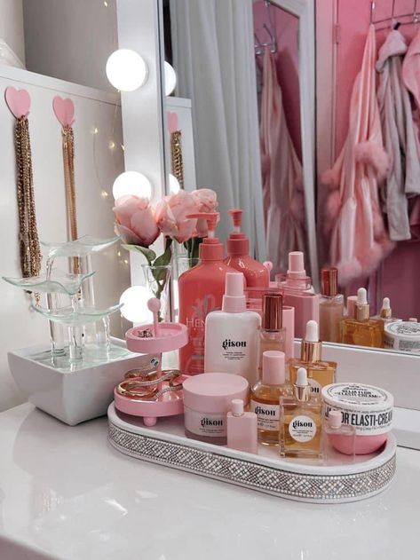 personal care, body care, #skincare Pink Selfcare Aesthetic, Girly Clean Aesthetic, Vanity Decor Aesthetic, Pink Vanity Aesthetic, Pink Makeup Vanity, Girly Vanity, Pink Selfcare, Elasti Cream, Aesthetic Vanity