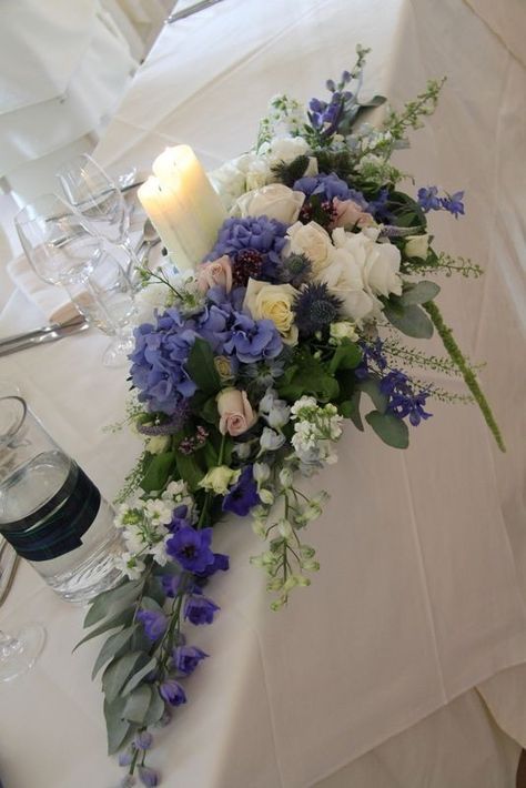 Scottish Flower Arrangements, Wedding Top Table Flowers, Top Table Flowers, Wedding Top Table, Small Wedding Bouquets, Church Wedding Flowers, Table Flower Arrangements, Blue Wedding Flowers, Wedding Table Flowers