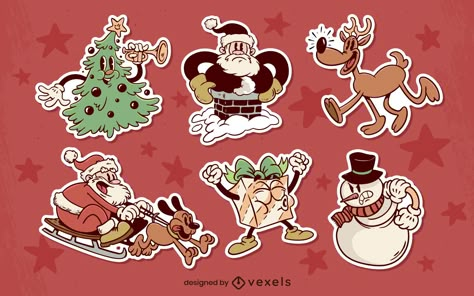 Vintage Cartoon Christmas, Sticker Cartoon, Retro Christmas Drawings, Rubber Hose Christmas, Christmas Illustration Vintage, Christmas Character Design, Retro Christmas Illustration, Sticker Christmas, Christmas Retro