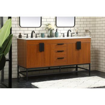 Wade Logan® Alizabeth 60" Double Bathroom Vanity Set | Wayfair Soft Close Hinges, Single Sink Bathroom Vanity, Double Bathroom Vanity, Cabinet Features, Bathroom Vanity Tops, Bathroom Vanity Set, Door Panel, Living Room Leather, Single Bathroom