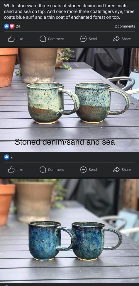 Stoned denim + sand and sea Tigers Eye + Blue surf + Enchanted forest Mayco Glaze, Sand And Sea, Tile Color, Pottery Glazes, Color Tile, Tigers Eye, Enchanted Forest, Ceramic Pottery, Tigers