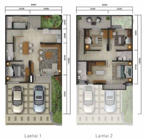 Denah rumah minimalis ukuran 8x14 meter 5 kamar tidur 2 lantai + tampak depan ~ 1000+ Inspirasi Desain Arsitektur Teknologi Konstruksi dan Kreasi Seni 8x15 House Plan 2 Floor, Small House Exteriors, Duplex House Plans, Simple House Design, Modern Style House Plans, Modern House Facades, Narrow House, House Construction Plan, Model House Plan