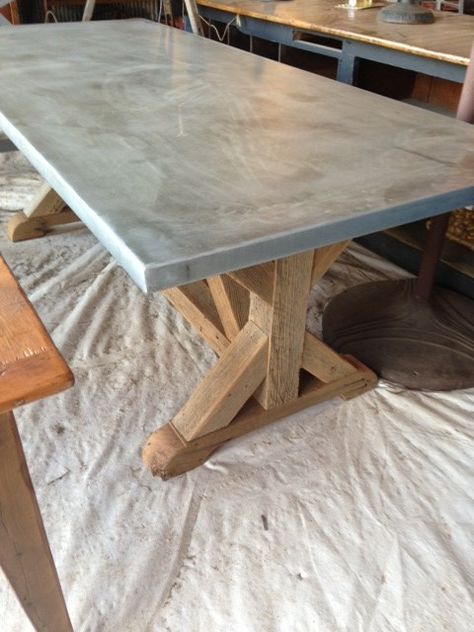 Zinc Table Top, Table Beton, Zinc Table, Top Kitchen Table, Concrete Table Top, Concrete Dining Table, Metal Table Top, Diy Farmhouse Table, Concrete Furniture