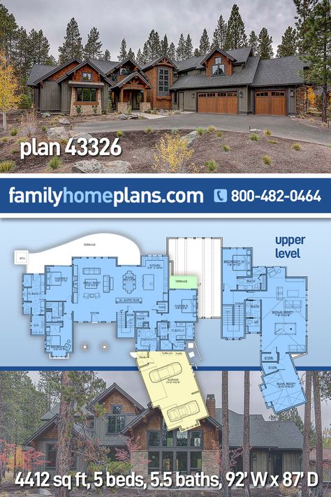 House Plan 43326 - Country, Craftsman Style House Plan with 4412 Sq Ft, 5 Bed, 6 Bath, 3 Car Garage Mountain Home Floor Plans, Rustic Craftsman House Plans, Mountain Craftsman House Plans, Lodge House Plans, 3d Mountain, Mountain Craftsman, Rustic Craftsman, Lodge House, Rustic House Plans