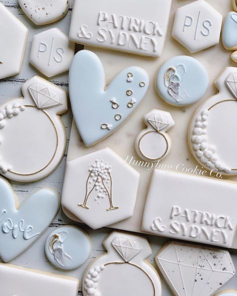 Cloud 9 Cookies Bride, On Cloud 9 Bridal Shower Cookies, Something Blue Shower Cookies, Engagement Party Cookies Simple, Blue And White Wedding Cookies, Bridal Shower Cookies Simple, Last Toast On The Coast Bachelorette Cookies, Just Married Cookies, Something Blue Before I Do Cookies