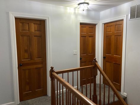 White Trim With Wood Doors, Interior Trim Colors, Wood Doors White Trim, Oak Interior Doors, Retirement House, Trim Colors, Interior Colors, Door Jamb, White Door